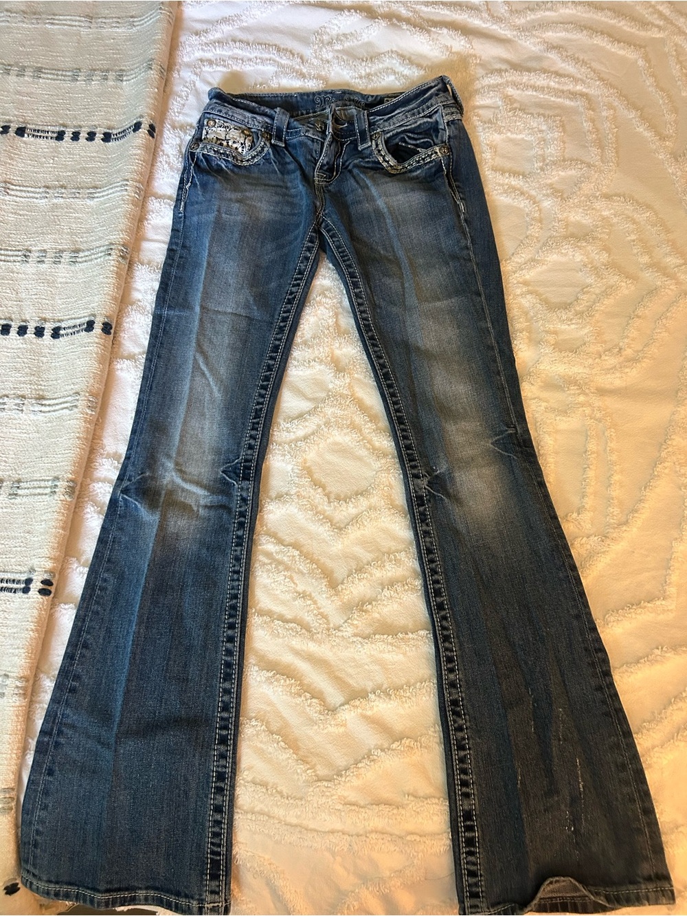 Miss Me Vintage Wash Flared Jeans - Blue